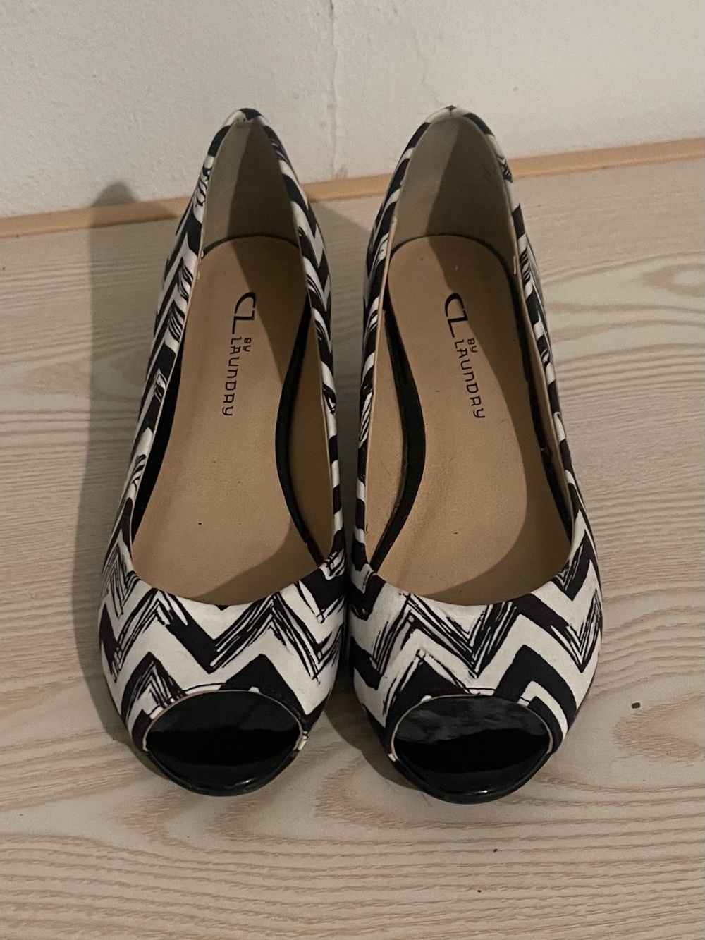 CL by Laundry Black & White Chevron Peep-Toe Heels
